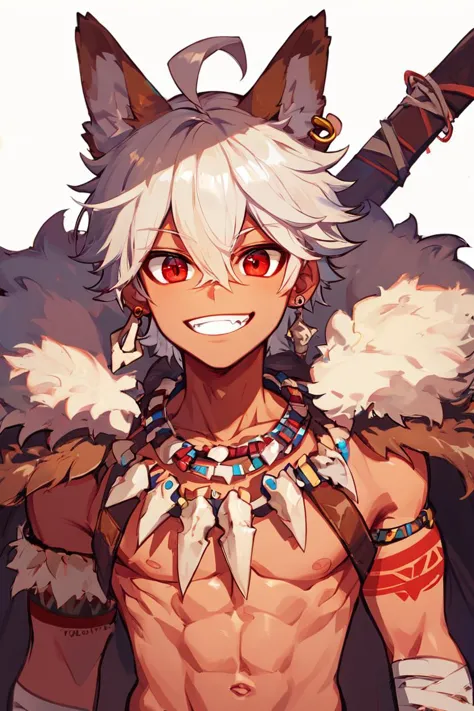 score_9, score_8_up, score_8,   zzSavage, solo, looking at viewer, smile, red eyes, 1boy, animal ears, hair between eyes, jewelry, ahoge, white hair, male focus, cowboy shot, earrings, artist name, necklace, cape, grin, fur trim, bandages, tooth necklace    bone necklace, tribal, solo, looking at viewer, cowboy shot,     <lora:Savage_P1:0.8>,