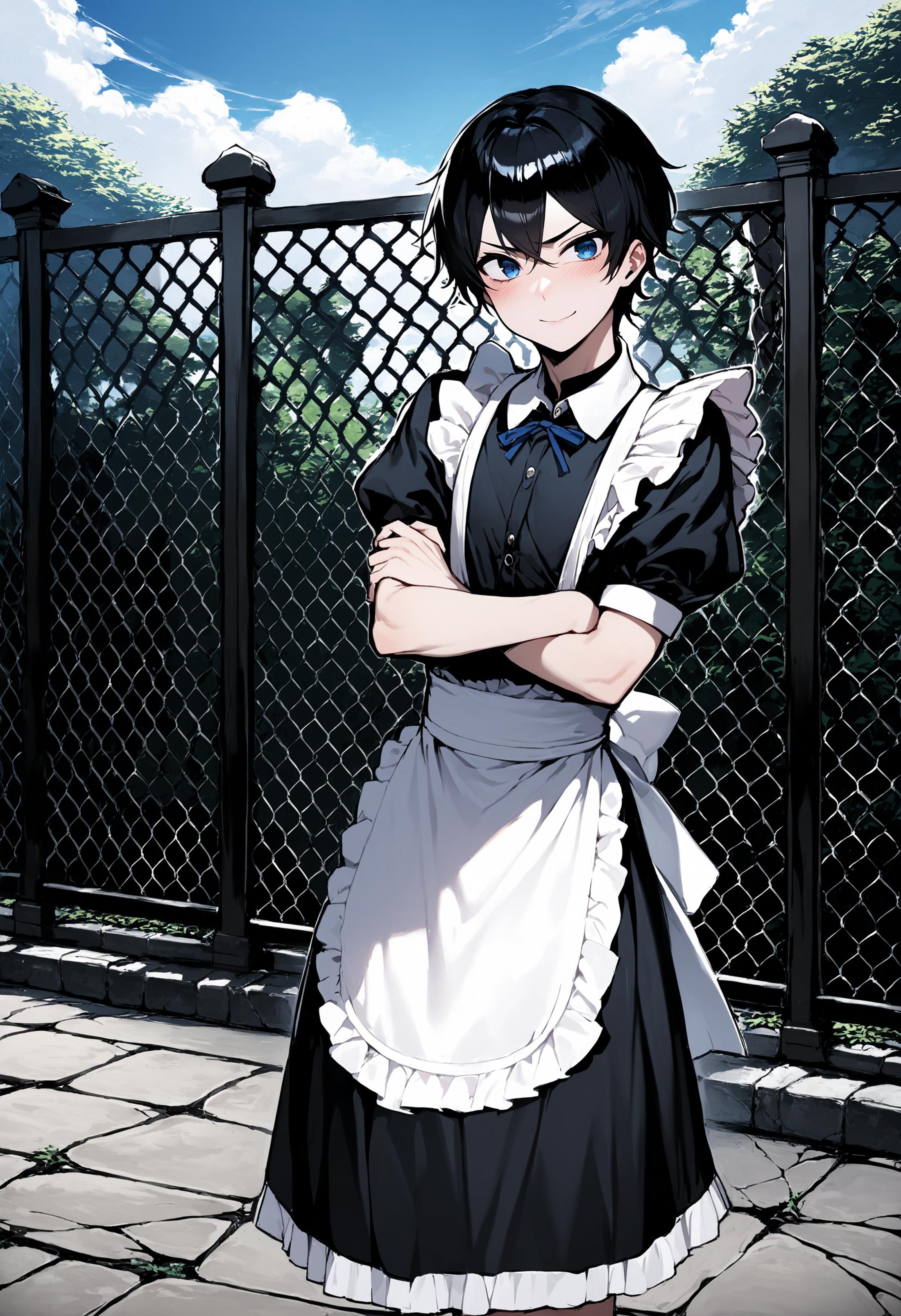 Anime character dressed in maid outfit standing in front of fence - SeaArt  AI