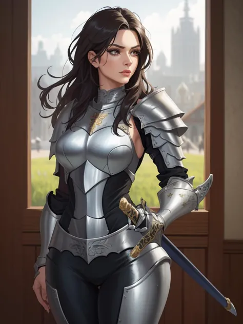 a woman in armor with a sword standing in front of a window