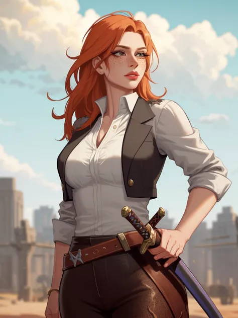 a woman with red hair and a vest holding a sword