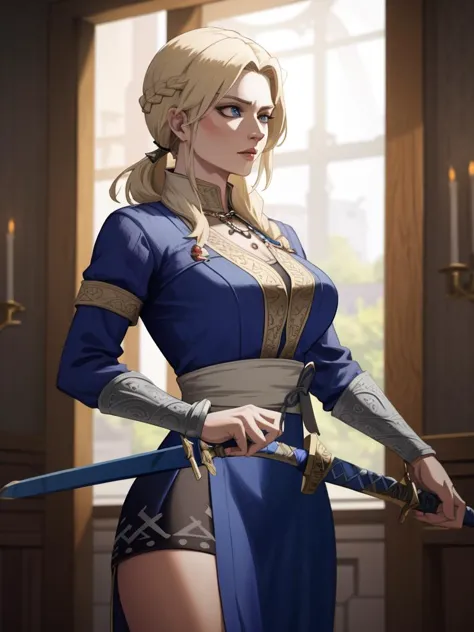 a woman in a blue dress holding a sword in her hand