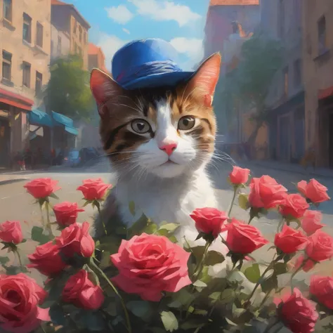 Alex Andreev style painting of happy anthropomorphic kitten holding roses bouquet and wearing fancy hat surrounded by pretty flo...