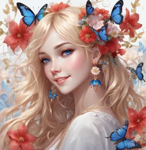 1girl, flower, bug, butterfly, smile, earrings, long hair, jewelry, solo, looking at viewer, blue eyes, blue butterfly, hair orn...