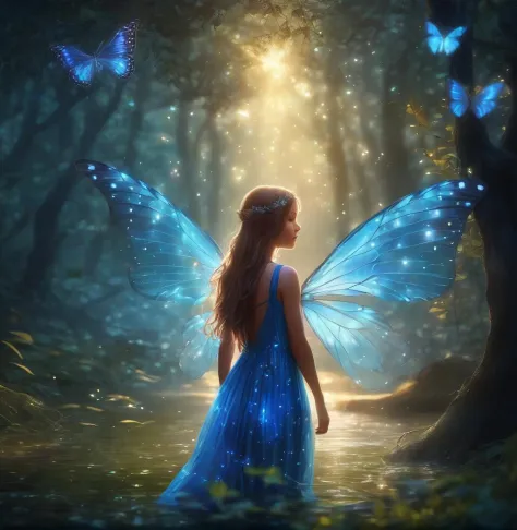 1girl, nature, forest, wings, butterfly, bug, tree, solo, long hair, dress, light particles, fairy, outdoors, scenery, glowing, ...