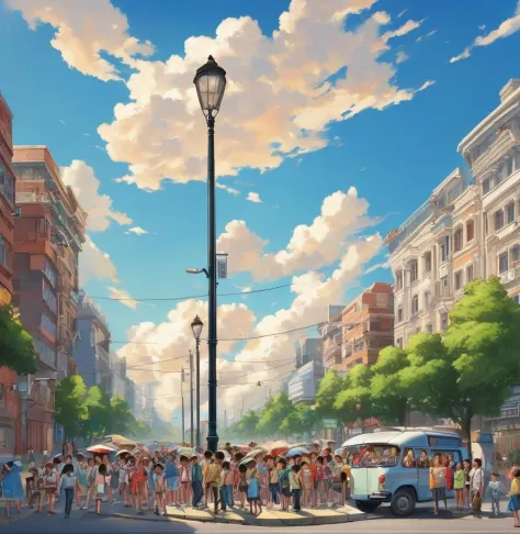 scenery, multiple girls, sky, outdoors, lamppost, multiple boys, city, cloud, tree, day, road, building, 6+boys, crowd, people, ...