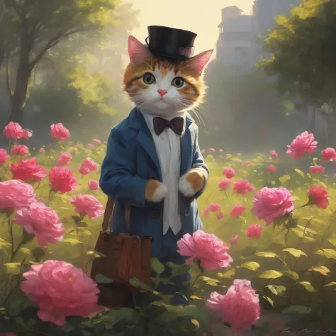 Alex Andreev style painting of happy anthropomorphic kitten holding roses bouquet and wearing fancy hat surrounded by pretty flo...