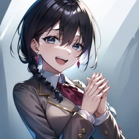 1girl, :d, bangs, black hair, blazer, braid, earrings, grey eyes, grey jacket, hair between eyes, highres, jacket, jewelry, earrings, long hair, long sleeves, looking at viewer, low ponytail, open mouth, own hands together,  hands clasped, interlocked fingers, <lora:fixhand2lora_v10_pedicure.civitai:0.5>