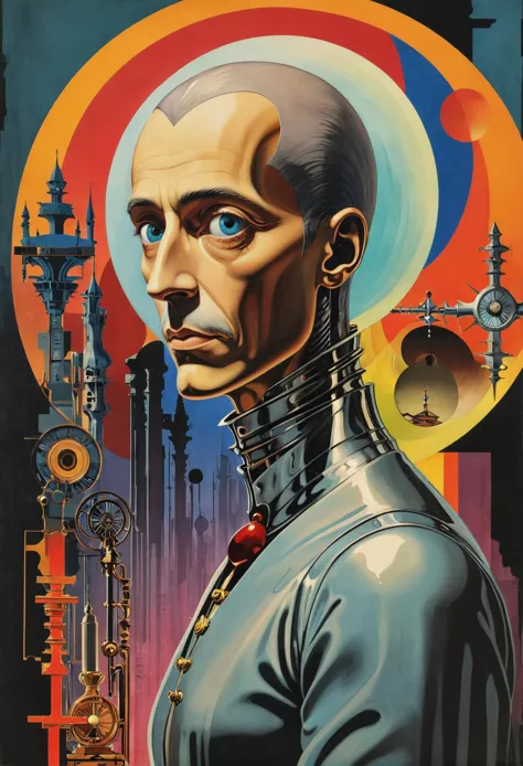 a painting of a man with a futuristic face and a futuristic helmet