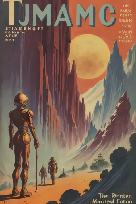 old 1940s pulp scifi book cover, Lunar Mountain Ranges<lora:EnvyStarlightPulpScifi01:1>