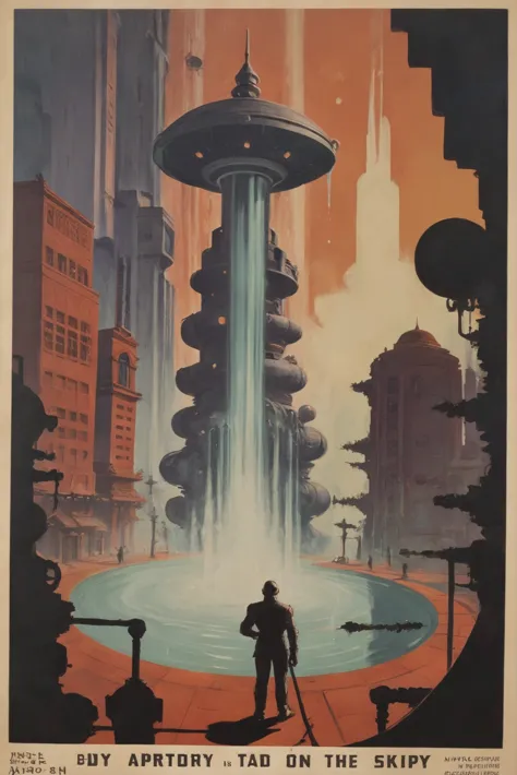 a poster of a man standing in front of a fountain