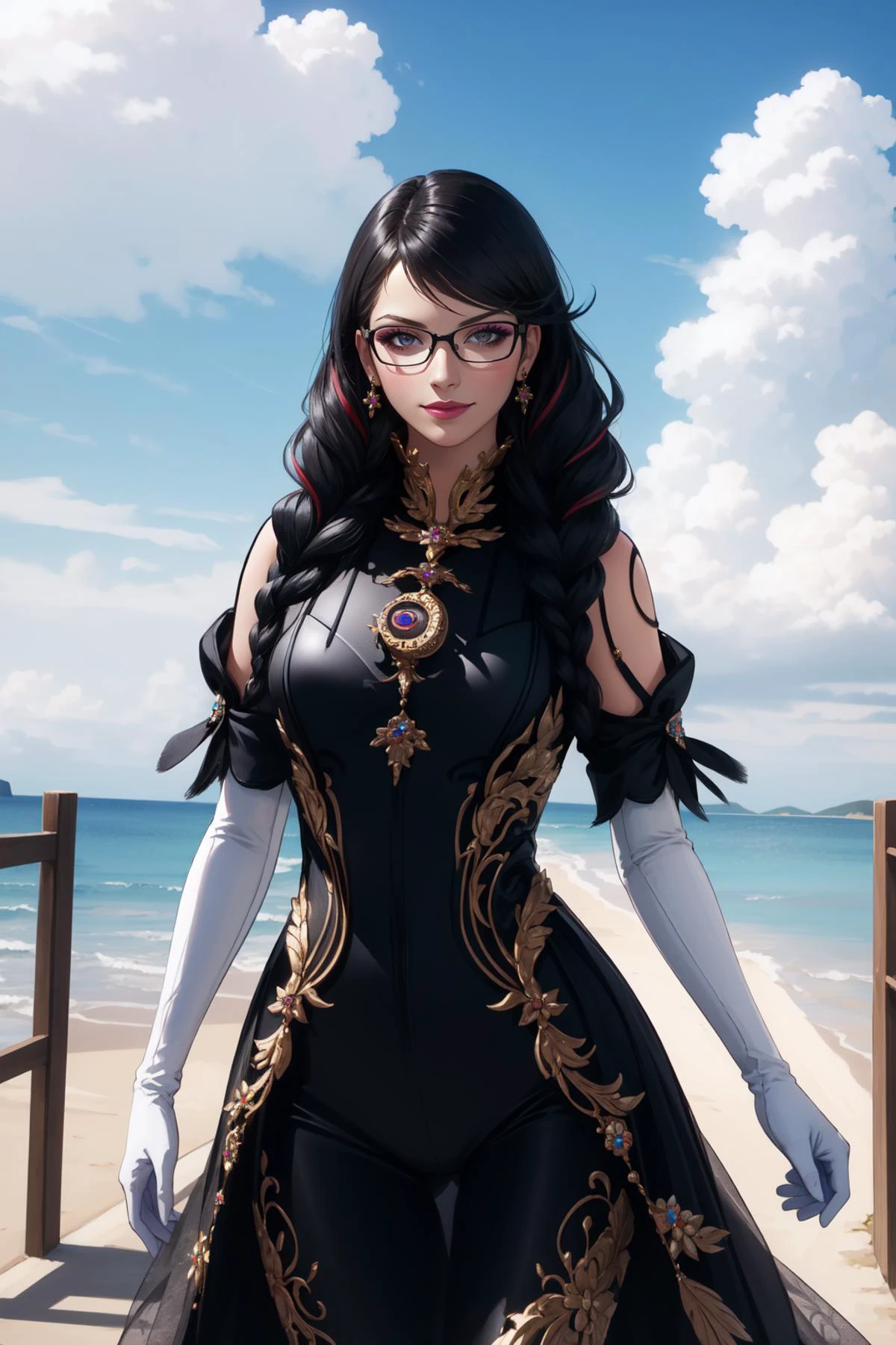 (masterpiece, best quality),  intricate details,
1girl,    bayonetta3, 1girl, long hair, glasses, makeup, twin braids, lipstick, jewelry, elbow gloves, bodysuit, 
clouds, flying, sky, smirk,