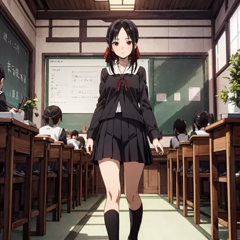 <lora:Shinomiya KaguyaV1:0.9>,
Shinomiya Kaguya,1girl,
black hair,short hair,sidelocks,red eyes,
hair ribbon,
(shuuchiin academy...