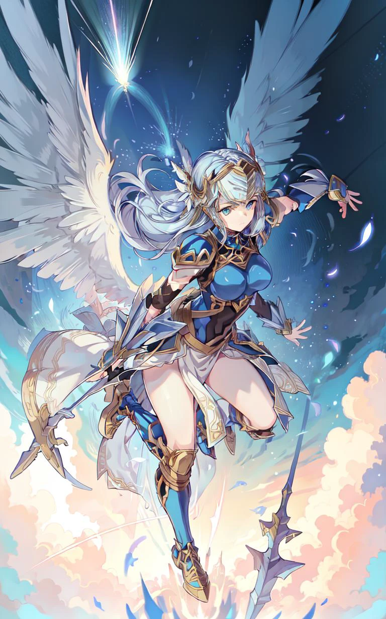 masterpiece, best quality, lenneth flying thorugh the sky,  dynamic camera,  action scene, magical explosion, intricate details,  full body, ethereal wings, blue eyes,  