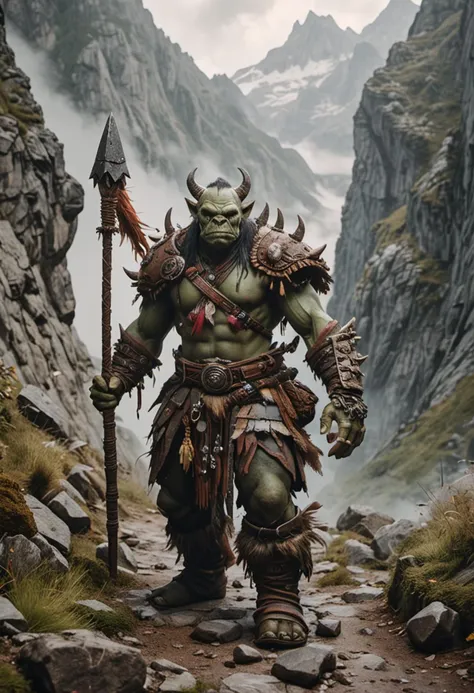 (medium full shot) of (brutal orc) young,   shaman, wearing painted face, woven tunic, feathered shoulder pads, hide boots, char...