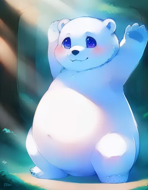 (((detailed eyes, detailed face))), (cute feral, cpdragon:0.5 <lora:cp2dragon_findigo_v1:1>, quadruped, polarbear, bear tail, no human), male, (solo), (plump, belly), (nude), standing, arms up, smile, forest, light environment, soft shading, 8k, UHD, maste...