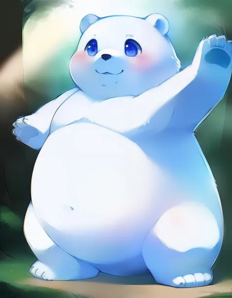 (((detailed eyes, detailed face))), (cute feral, cpdragon:0.5 <lora:cp2dragon_indigo_v2:0.7>, quadruped, polarbear, bear tail, no human), male, (solo), (plump, belly), (nude), standing, arms up, smile, forest, light environment, soft shading, 8k, UHD, mast...