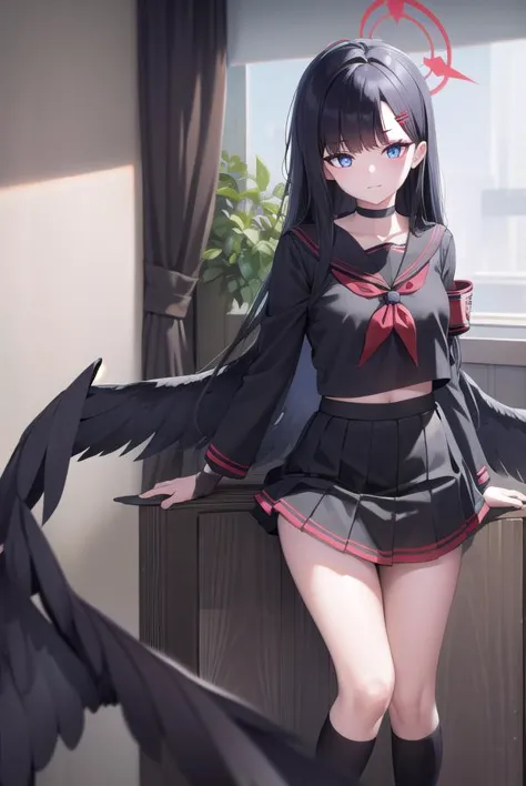 anime girl in black outfit posing with black birds in background