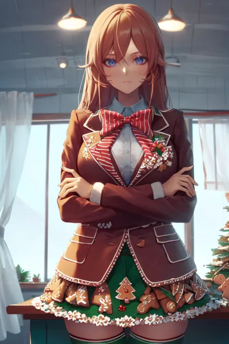 anime girl in a brown jacket and green skirt standing in front of a christmas tree