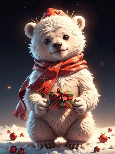 a close up of a polar bear wearing a scarf and holding a christmas present