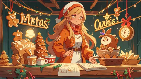 anime girl standing in front of a christmas market with gingers and cookies