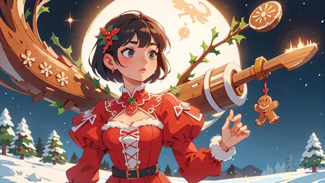 anime girl in red dress holding a wooden stick and a gingerbread