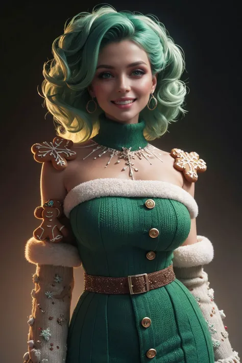 a close up of a woman in a green dress and gloves