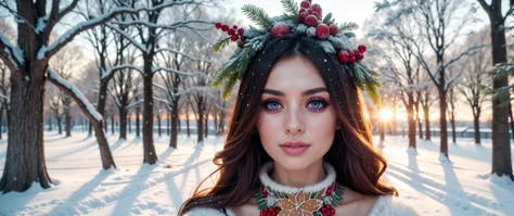 a close up of a woman wearing a wreath of flowers on her head