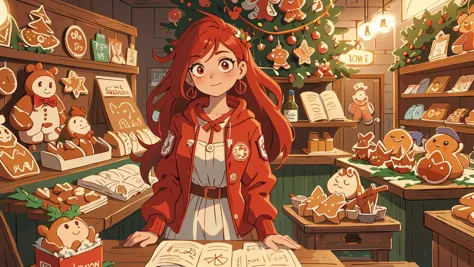 anime girl in a bakery with ginger cookies and gingers