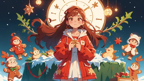 anime girl with long brown hair standing in front of a clock surrounded by christmas decorations