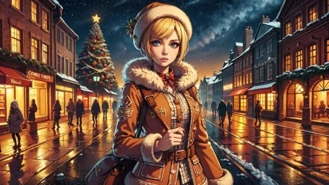 illustration, 1girl, blond short hair, jaket made of christmas gingerbread, complex winter street background, 8k uhd, (masterpiece:1.2), high quality, (intricate details:0.9), (hdr, hyperdetailed:1.2)
<lora:GingerbreadFashion:0.65> gingerbreadfashion