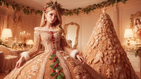 illustration, 1girl, blond long hair, dress made of christmas gingerbread, complex christmas room background, 8k uhd, (masterpiece:1.2), high quality, (intricate details:0.9), (hdr, hyperdetailed:1.2)
<lora:GingerbreadFashion:0.65> gingerbreadfashion