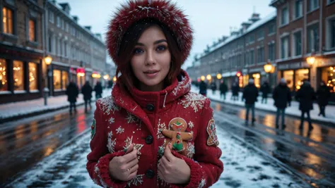 araffe woman in red coat standing on street with snow on ground