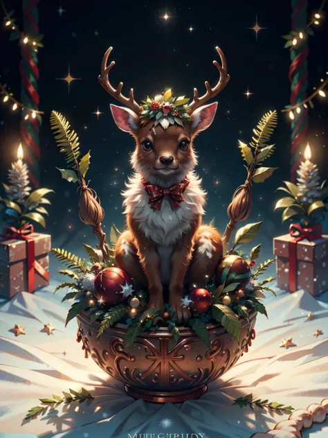 RAW photo, baby deer, magic horns, complex christmas background, 8k uhd, dslr, soft lighting, high quality, film grain, Fujifilm...