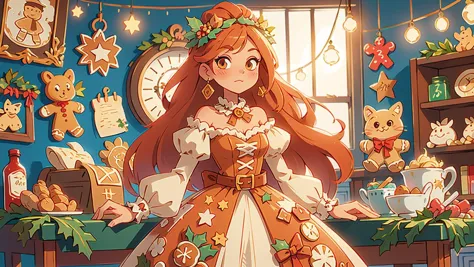 anime girl in a ginger dress standing in a kitchen with ginger cookies