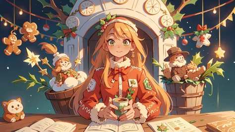 anime girl sitting at a table with a book and a cup of coffee