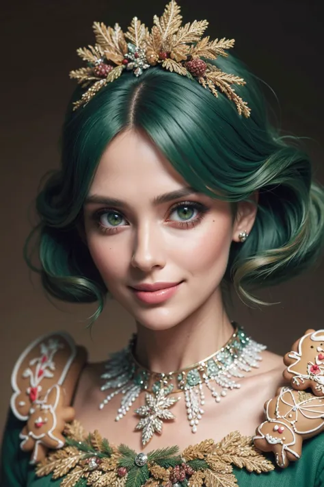 ((masterpiece)), RAW photo, (photo realistic:1.2), (extremely detailed), 1girl, pastel green hair, ((cute smile)), dimples, 1950s-style poodle skirt, tucked-in blouse made of christmas gingerbread, gingerbreadfashion, made of gingerbread, ((dark tones, deep photo)), Team Green for the win, extremely high-resolution details, photographic, realism pushed to extreme, fine texture, 4k, ultra-detailed, high quality, high contrast, <lora:GingerbreadFashion:0.6>