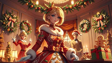 illustration, 1girl, blond short hair, jaket made of christmas gingerbread, complex christmas room background, 8k uhd, (masterpiece:1.2), high quality, (intricate details:0.9), (hdr, hyperdetailed:1.2)
<lora:GingerbreadFashion:0.65> gingerbreadfashion