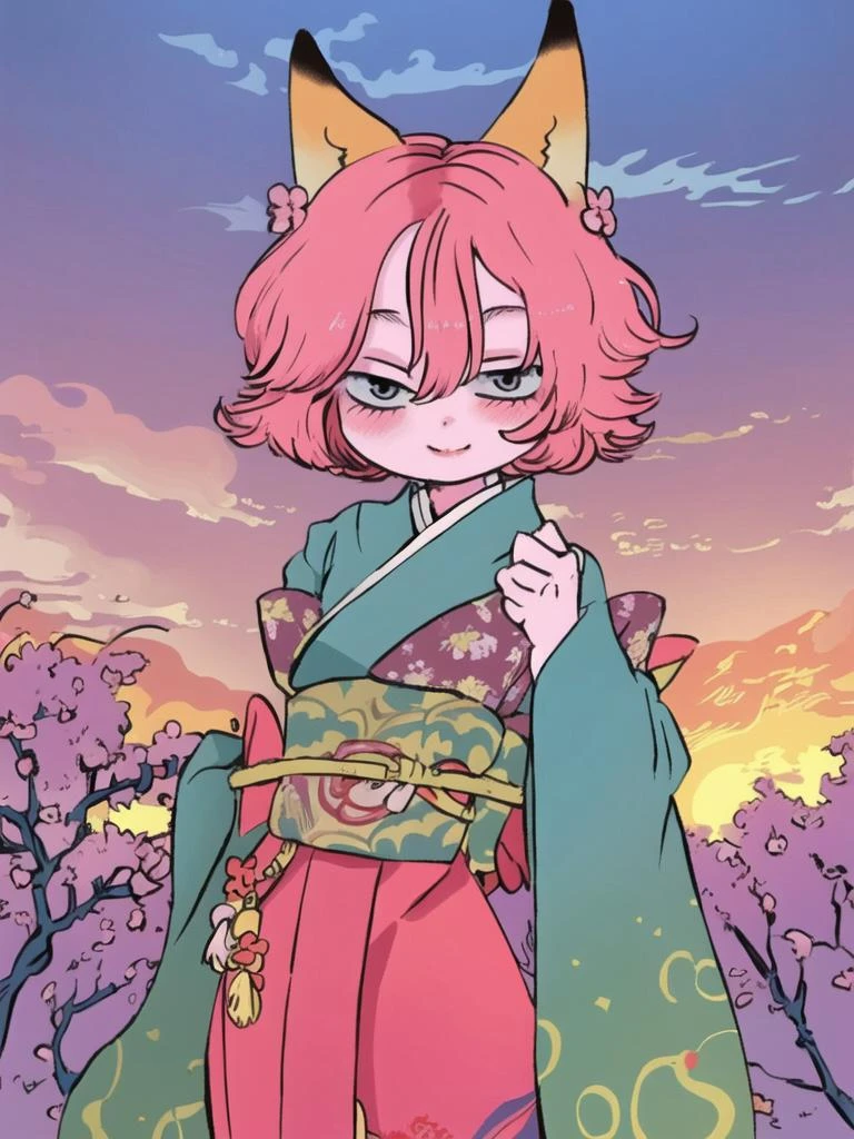 masterpiece, best quality, lineart, 1girl,solo,fox ears,japanese clothes,animal ear fluff,sash,kimono,smile,blush,hair between eyes,wide sleeves,obi,sleeves past wrists,blue sky,flowering cherryblue sky,flowering cherry,sunrise stance, (masterpiece), (best quality), HDR, intricate detail, 