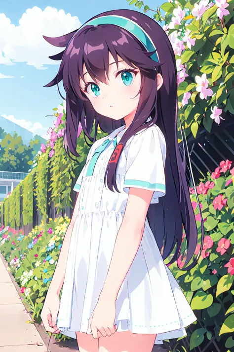 anime girl in white dress standing in front of a garden