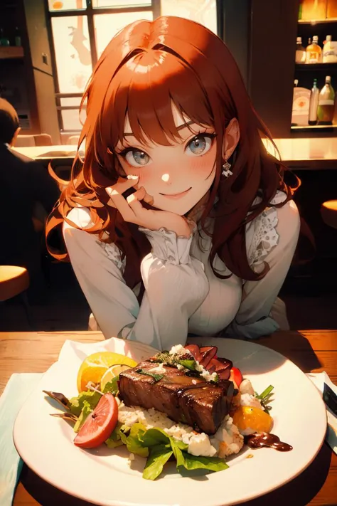 1girl with long orange hair, smiling, blushing,  <lora:Date:0.7> CRE8D8, eating new york steak and a salad, <lora:yummyfood:0.8>...