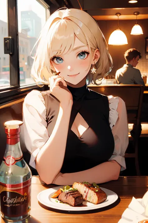 1girl with buzz cut blonde hair, smiling, blushing,  <lora:Date:0.7> CRE8D8, eating new york steak and a salad, <lora:yummyfood:...