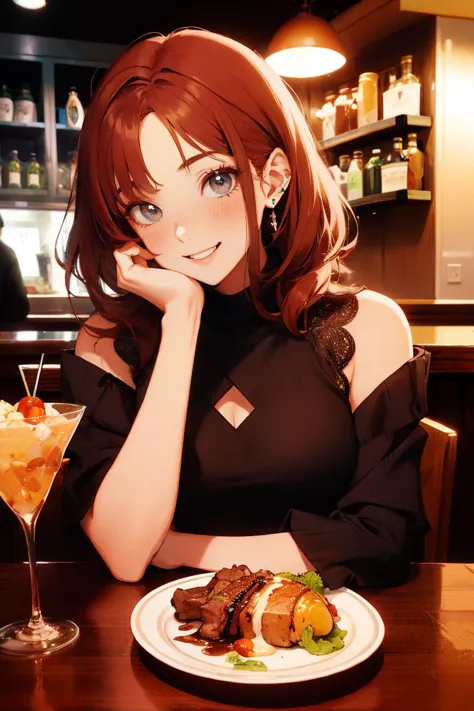 1girl with medium red hair, smiling, blushing,  <lora:Date:0.7> CRE8D8, eating new york steak and a salad, <lora:yummyfood:0.8> ...
