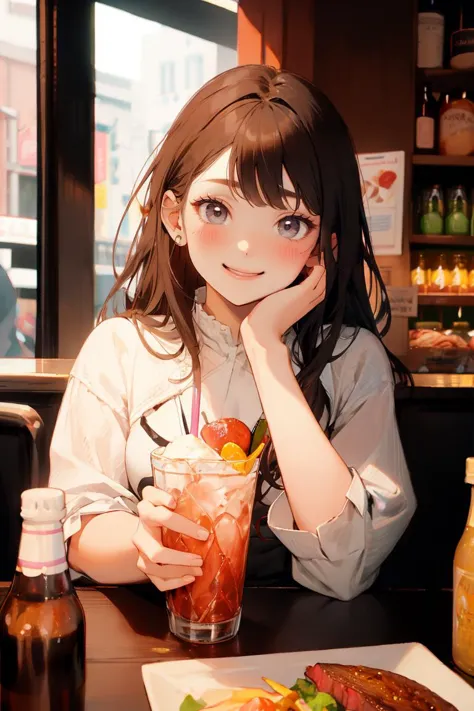 anime girl sitting at a table with a drink and a plate of food