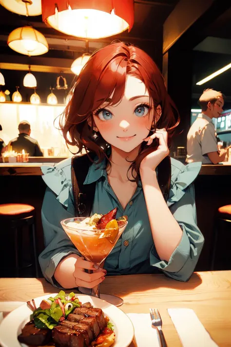 1girl with buzz cut red hair, smiling, blushing,  <lora:Date:0.7> CRE8D8, eating new york steak and a salad, <lora:yummyfood:0.8...