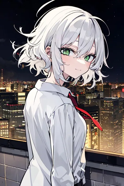 (masterpiece, best quality:1.3), 1girl, solo, white hair, messy hair, green eyes, white shirts, (half closed eyes), upper body, looking back, light smile, (rooftop, cityscape, city lights, starry sky, night)