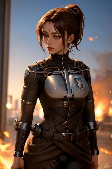 (masterpiece, best quality:1.2), solo, 1girl, expressionless, looking at viewer, brown hair, ponytail, brown eyes, blksurvcorp, breastplate, belt 