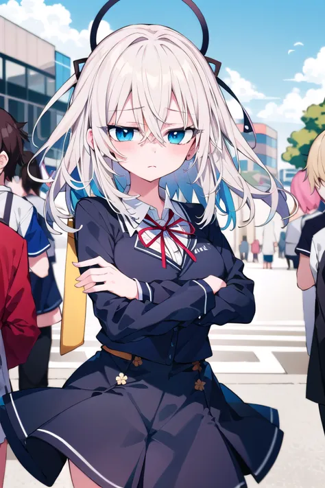 anime girl with white hair and blue eyes standing in front of a crowd