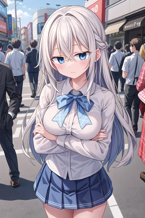 anime girl with long white hair and blue eyes standing in a crowded street