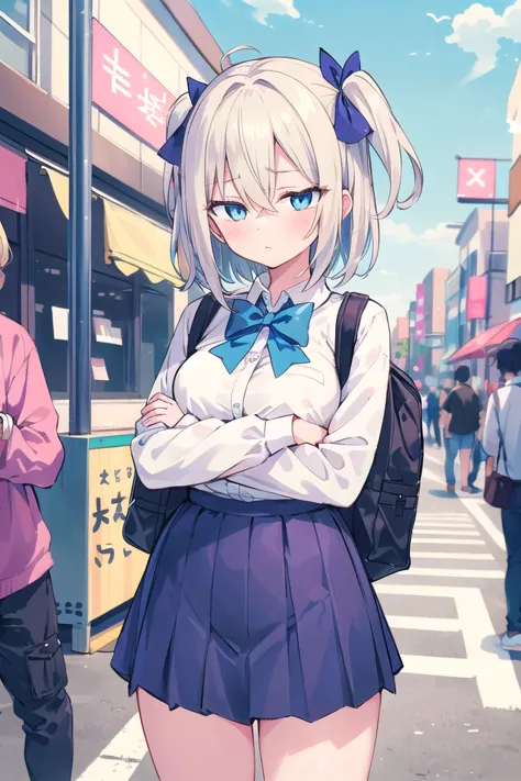 anime girl in school uniform standing on a street corner with her arms crossed