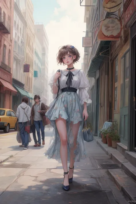 painting of a woman walking down a city street with a purse